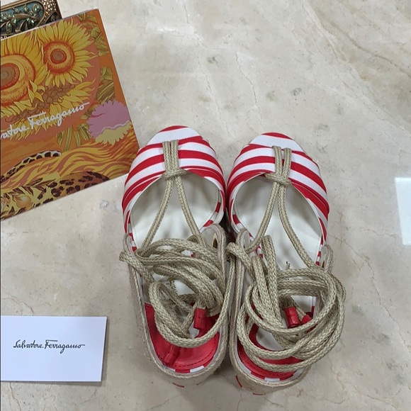 SALVATORE FERRAGAMO RED WHITE STRIPED FABRIC JUTE ESPADRILLES W/CALF LEATHER 8.5 - Picture 8 of 14
